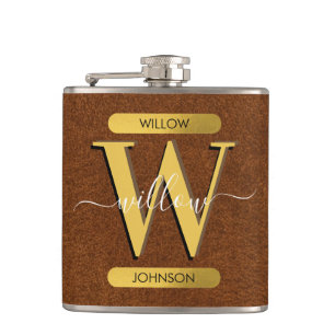 Antique Faux Leather & Gold Monogram Hip Flask