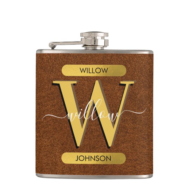 Antique Faux Leather & Gold Monogram Hip Flask (Front)
