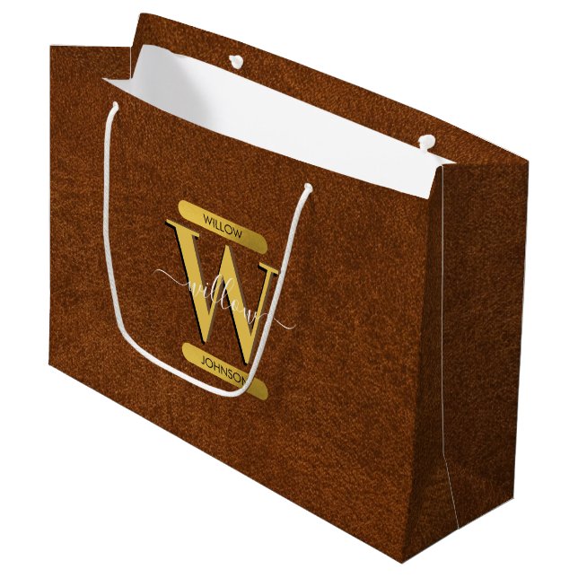 Antique Faux Leather & Gold Monogram  Large Gift Bag (Front Angled)
