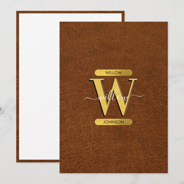 Antique Faux Leather & Gold Monogram Note Card (Front/Back)