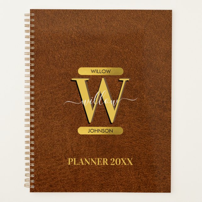 Antique Faux Leather & Gold Monogram School Office Planner (Front)