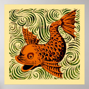 Antique fish tile graphic art ancient poster