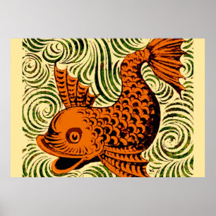 Antique fish tile graphic art ancient poster