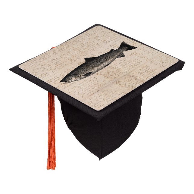 Antique Fishing Art Trout Fish Illustration Script Graduation Cap Topper (Angled)