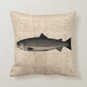 Antique Fishing Art Trout Fish Illustration Script Throw Pillow