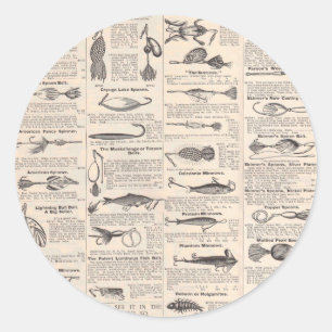 Antique Fishing Lures Catalogue Page Vintage Print Classic Round Sticker