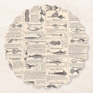 Antique Fishing Lures Catalogue Page Vintage Print Paper Coaster
