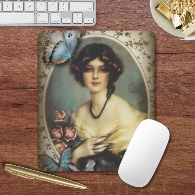 Antique Floral butterfly parisian girl victorian Mouse Pad (Antique Floral butterfly parisian girl victorian Mouse Pad)
