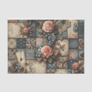 Antique Floral Denim Patchwork Decoupage Print Tissue Paper