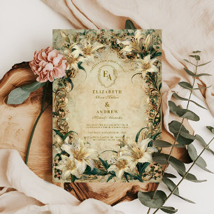 Antique Floral Frame Ivory Lily Wedding Invitation