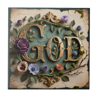 Antique Floral Gold GOD Script Plaque Tile