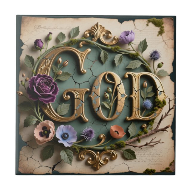 Antique Floral Gold GOD Script Plaque Tile (Front)