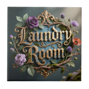 Antique Floral Gold Laundry Room Sign Tile