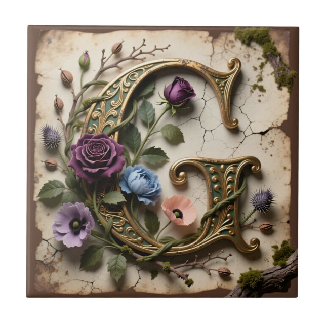 Antique Floral Gold Letter G Monogram Tile (Front)