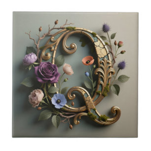 Antique Floral Gold Letter Q Monogram Tile