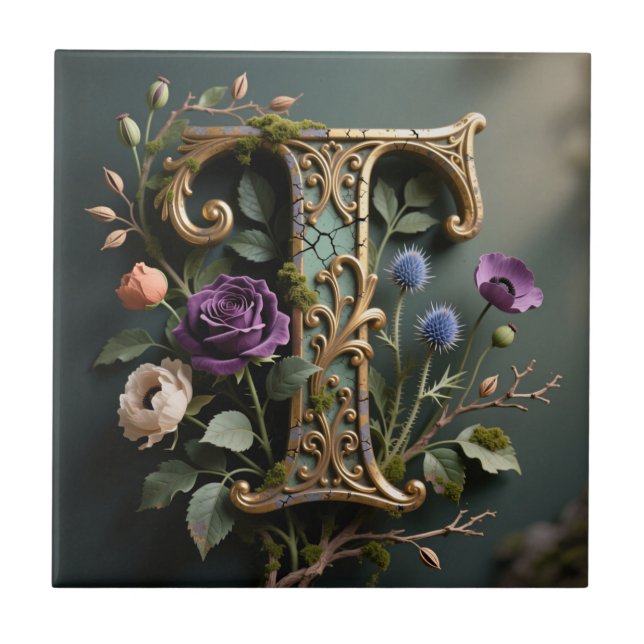 Antique Floral Gold Letter T Monogram Tile (Front)