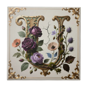 Antique Floral Gold Letter U Monogram Tile