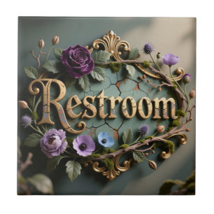 Antique Floral Gold Restroom Door Sign Tile