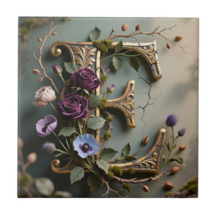 Antique Floral Gold Teal Letter E Tile