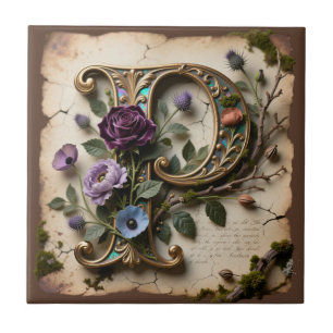 Antique Floral Opalescent Letter P Monogram Tile