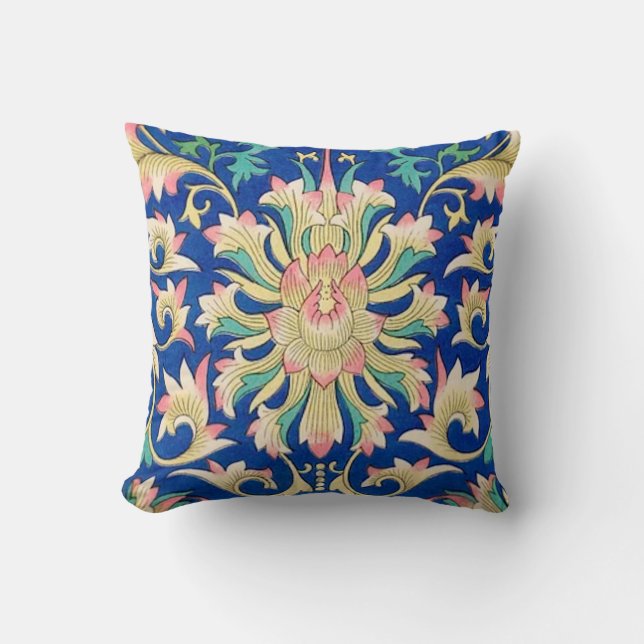 Antique Floral Oriental Pattern Deep Royal Blue Throw Pillow (Front)