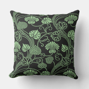 Antique Floral Pattern Black and Green Outdoor Pillow