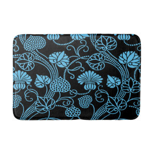Antique Floral Pattern Black on Blue Bath Mat