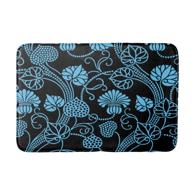 Antique Floral Pattern Black on Blue Bath Mat (Front)