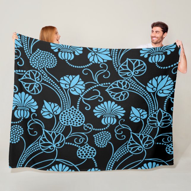 Antique Floral Pattern Black on Blue Fleece Blanke Blanket (In Situ)