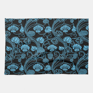 Antique Floral Pattern Black on Blue Kitchen Towel