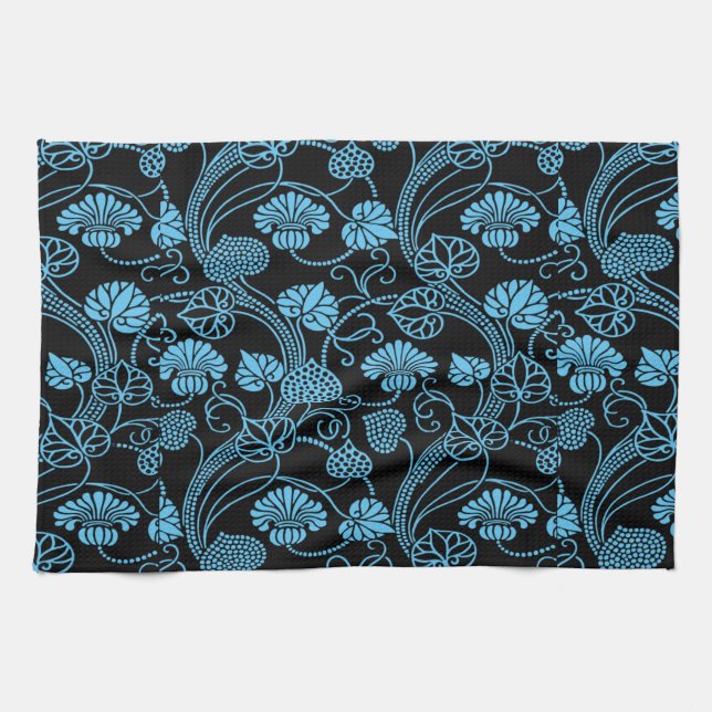 Antique Floral Pattern Black on Blue Kitchen Towel (Horizontal)