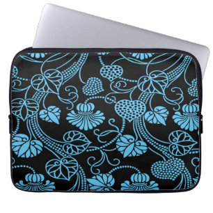 Antique Floral Pattern Black on Blue Laptop Sleeve