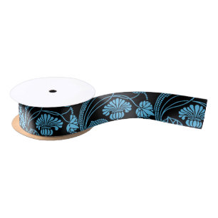 Antique Floral Pattern Black on Blue Satin Ribbon