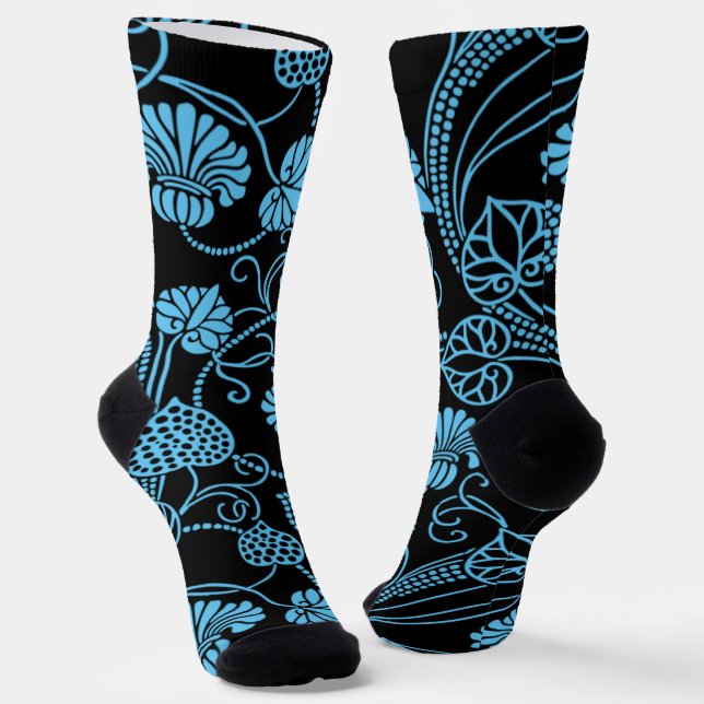 Antique Floral Pattern Black on Blue Socks (Angled)
