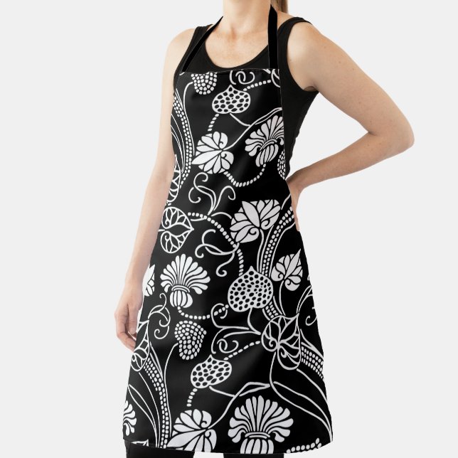Antique Floral Pattern Black on White Apron (Insitu)