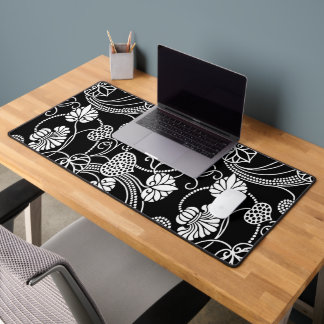 Antique Floral Pattern Black on White Desk Mat