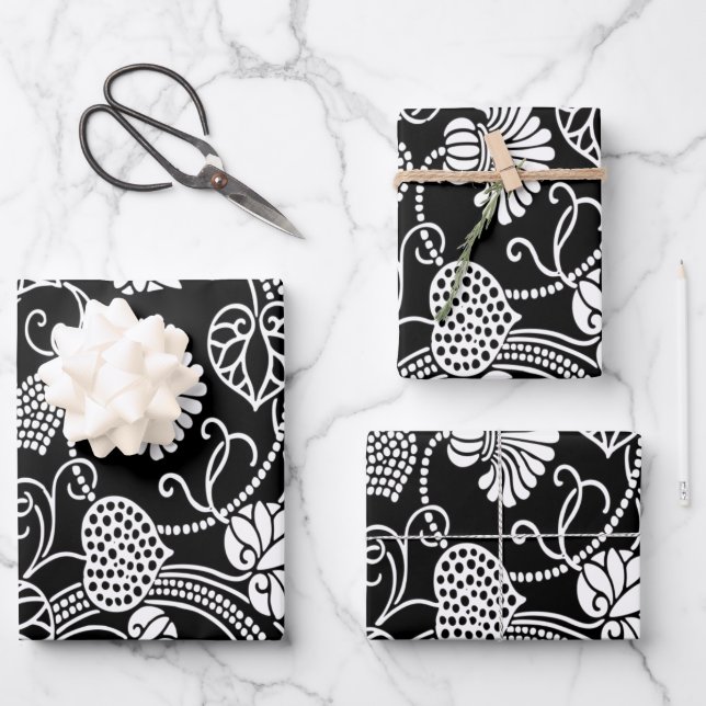 Antique Floral Pattern Black on White Wrapping Paper Sheet (Front)
