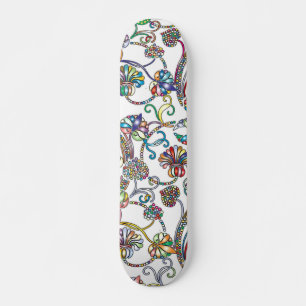 Antique Floral Pattern Multi Color on White Skateboard