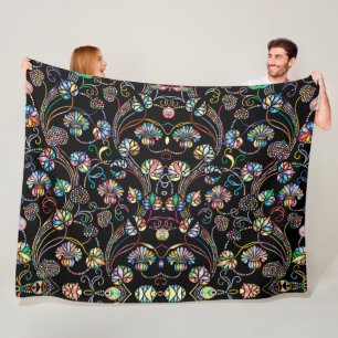 Antique Floral Pattern Multi Colour on Black Fleece Blanket