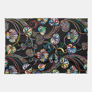 Antique Floral Pattern Multi Colour on Black Kitchen Towel
