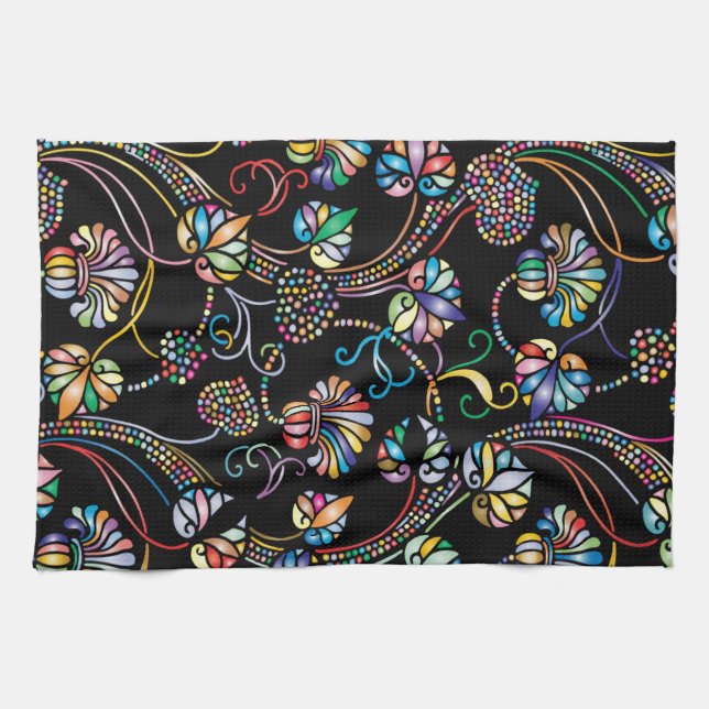 Antique Floral Pattern Multi Colour on Black Kitchen Towel (Horizontal)