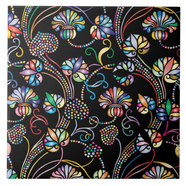 Antique Floral Pattern Multi Colour on Black  Tile (Front)