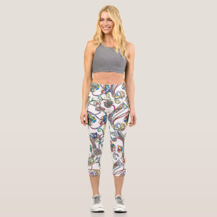 Antique Floral Pattern Multi Colour on White Capri Leggings