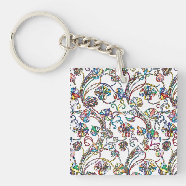 Antique Floral Pattern Multi Colour on White Keychain (Front)