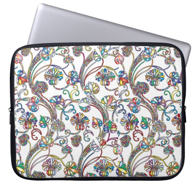 Antique Floral Pattern Multi Colour on White Laptop Sleeve (Front)