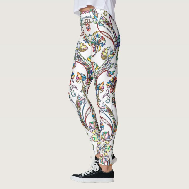 Antique Floral Pattern Multi Colour on White Leggings (Left)
