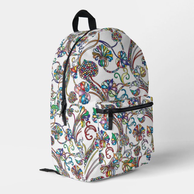 Antique Floral Pattern Multi Colour on White Printed Backpack (Back Corner Left)