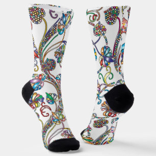 Antique Floral Pattern Multi Colour on White Socks