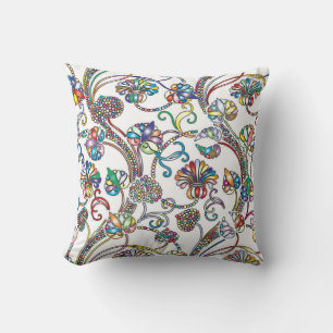 Antique Floral Pattern Multi Colour on White Throw Pillow