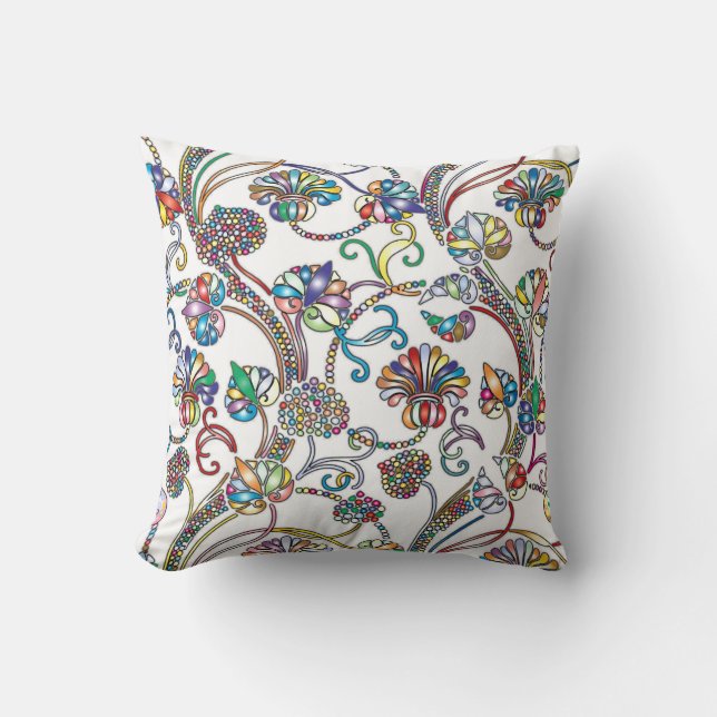 Antique Floral Pattern Multi Colour on White Throw Pillow (Front)